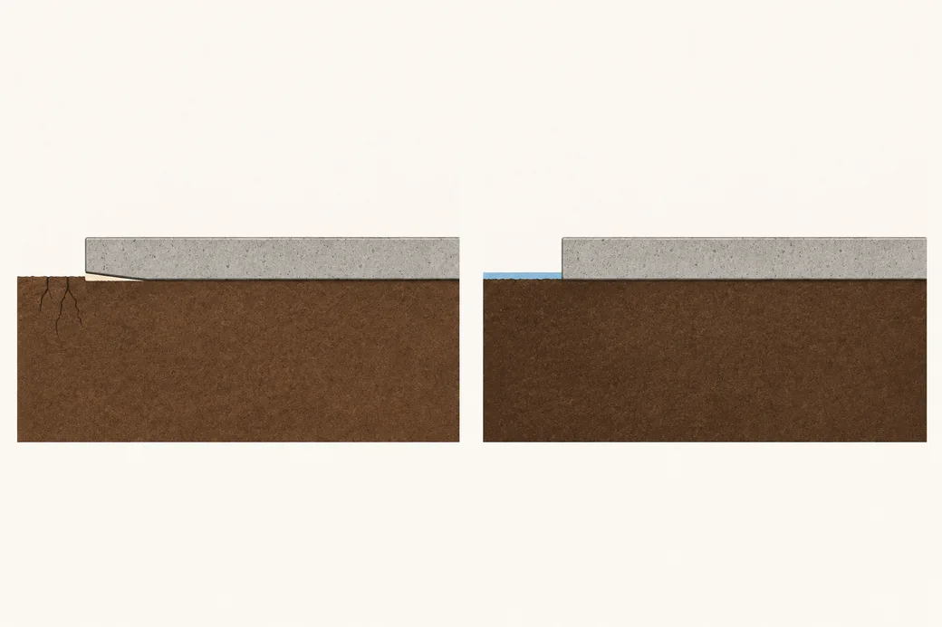 Two cut-away drawings of a concrete slab on clay: on the left, dry soil shrunk back from under one edge with fine cracks in it; on the right, darker wet soil filling up to the slab with rainwater standing beside it